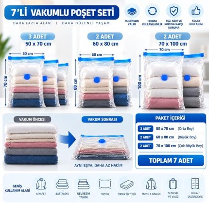 Karma Boy Vakumlu Poşet Seti (3 Adet 50×70 + 2 Adet 60×80 + 2 Adet 70×100 cm) Vakumlu Saklama Poşeti