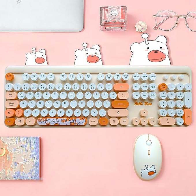 Mofii Ayıcık Desenli Kablosuz Renkli Yuvarlak Tuşlu Klavye Mouse Set-AL4258 (Bej) - Görsel 4