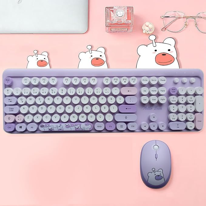 Mofii Ayıcık Desenli Kablosuz Renkli Yuvarlak Tuşlu Klavye Mouse Set-AL4258 (Bej) - Görsel 2