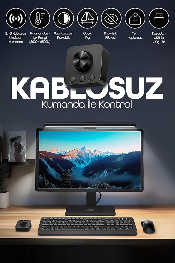 Monitör Lambası Kumandalı Light Pro Series USB Kademeli Parlaklık Renk Ayarlı Masa PC Ekran Işığı - Görsel 3