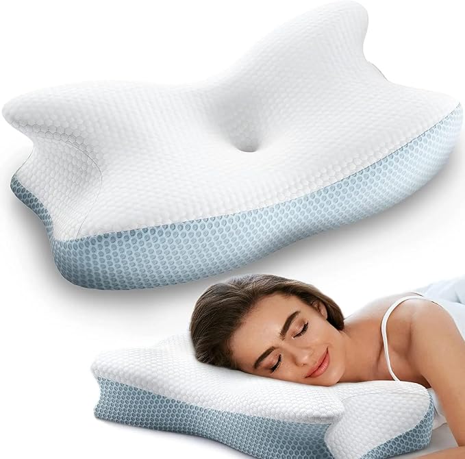 Ortopedik Yastık – Konturlu Boyun Yastığı, Hafızalı Köpük, Ergonomik Boyun ve Omuz Desteği, Serinletici ve Kokusuz, Yan ve Sırtüstü Yatanlar İçin (Beyaz Acık Gri)