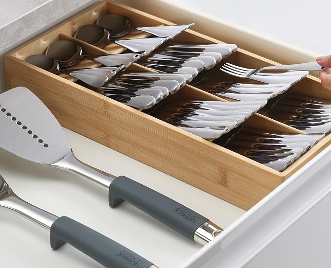 Joseph Drawer Store - Büyük kompakt çatal bıçak çekmecesi düzenleyici, 8 bölmeli, 48 parça, bambu - Görsel 4